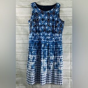 Talbots blue clover gingham pleated knee length a-line floral plaid size 14W